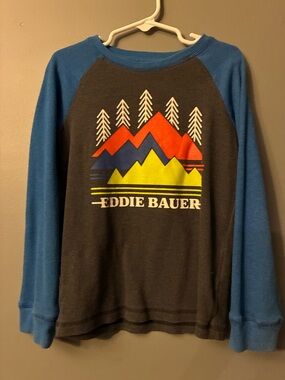 Eddie Bauer Black Raglan Tee with Blue Neck and Red/White Graphic